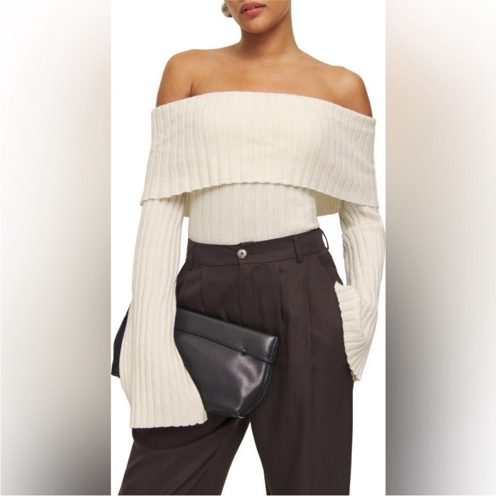 new Reformation Lana ribbed off shoulder bell sleeve sweater in Gossamer cream